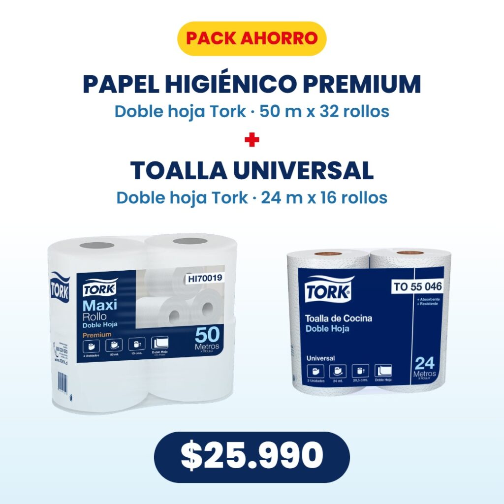 Pack ahorro Tork: papel higiénico premium doble hoja 50 m x 32 rollos + toalla universal doble hoja 24 m x 16 rollos a $25.990