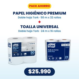 Pack ahorro Tork: papel higiénico premium doble hoja 50 m x 32 rollos + toalla universal doble hoja 24 m x 16 rollos a $25.990